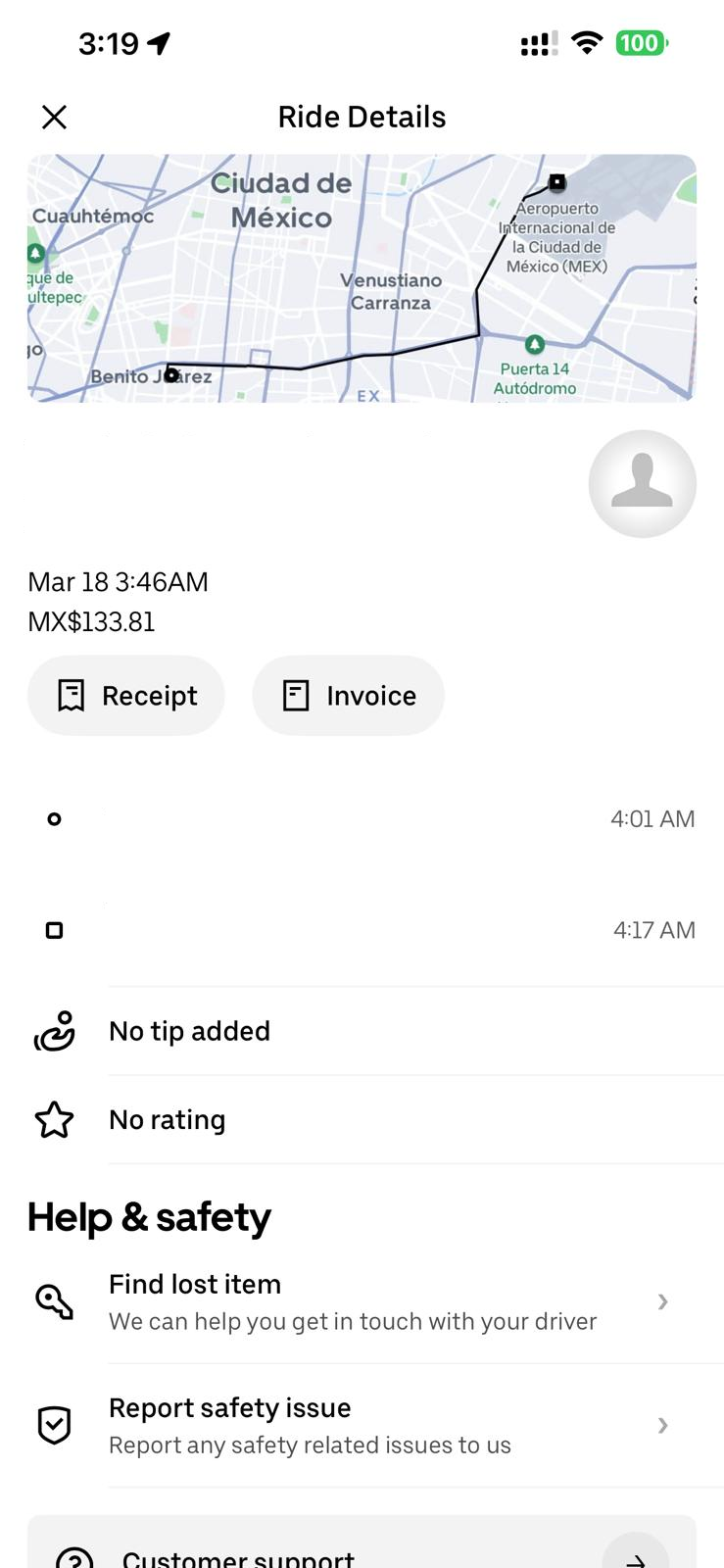 Redacted Uber Wait and Save receipt from March 18 showing a MXN 133.81 ride toward AICM Terminal 1 in Mexico City.