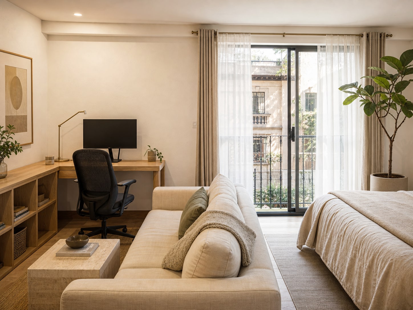 Editorial Roma Norte loft interior with dedicated desk, balcony light, and warm finishes