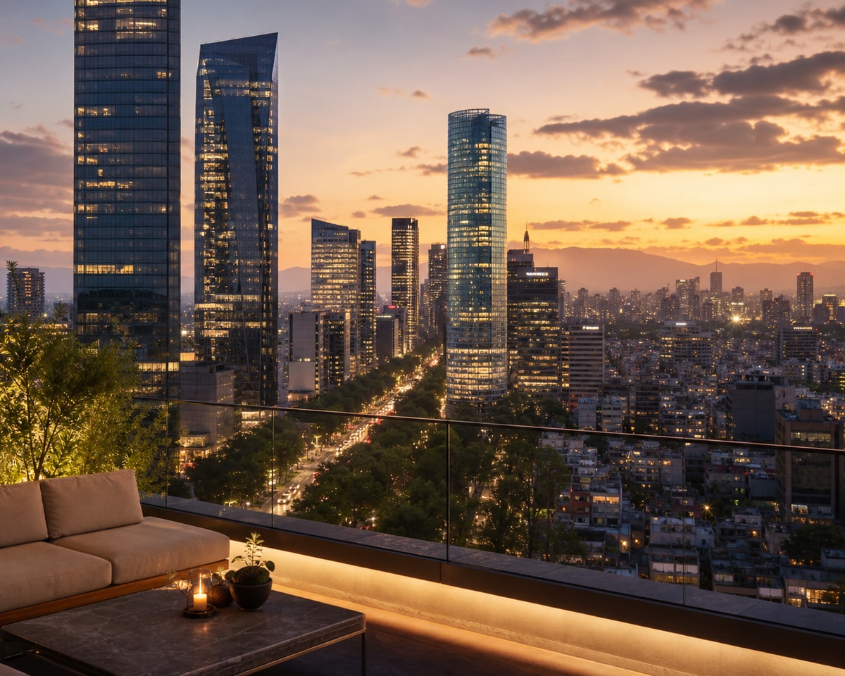 Luxury view of illuminated skyscrapers over Paseo de la Reforma in Mexico City